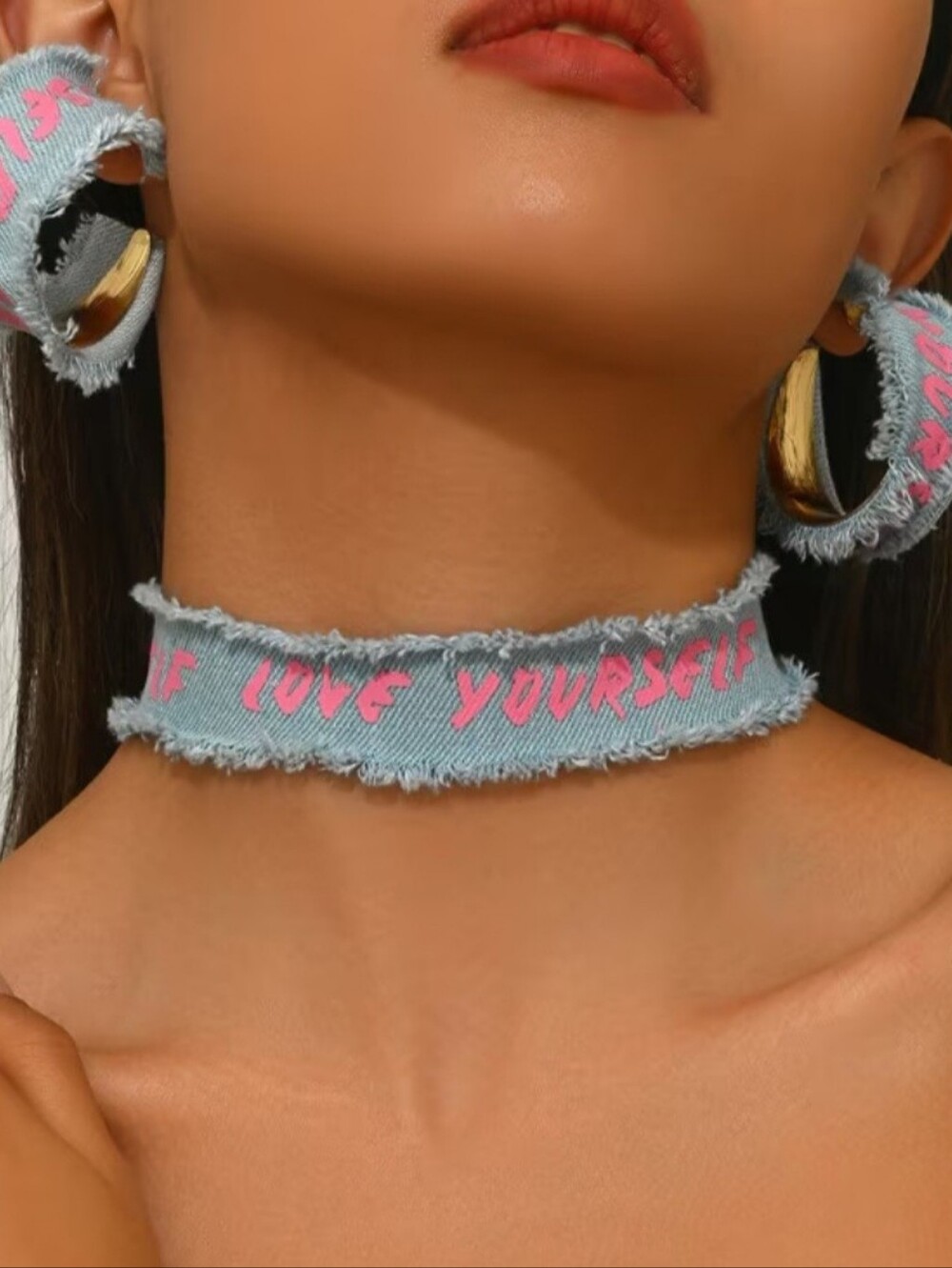 Fashion Jewelry Denim Frayed Choker with Pink Lettering